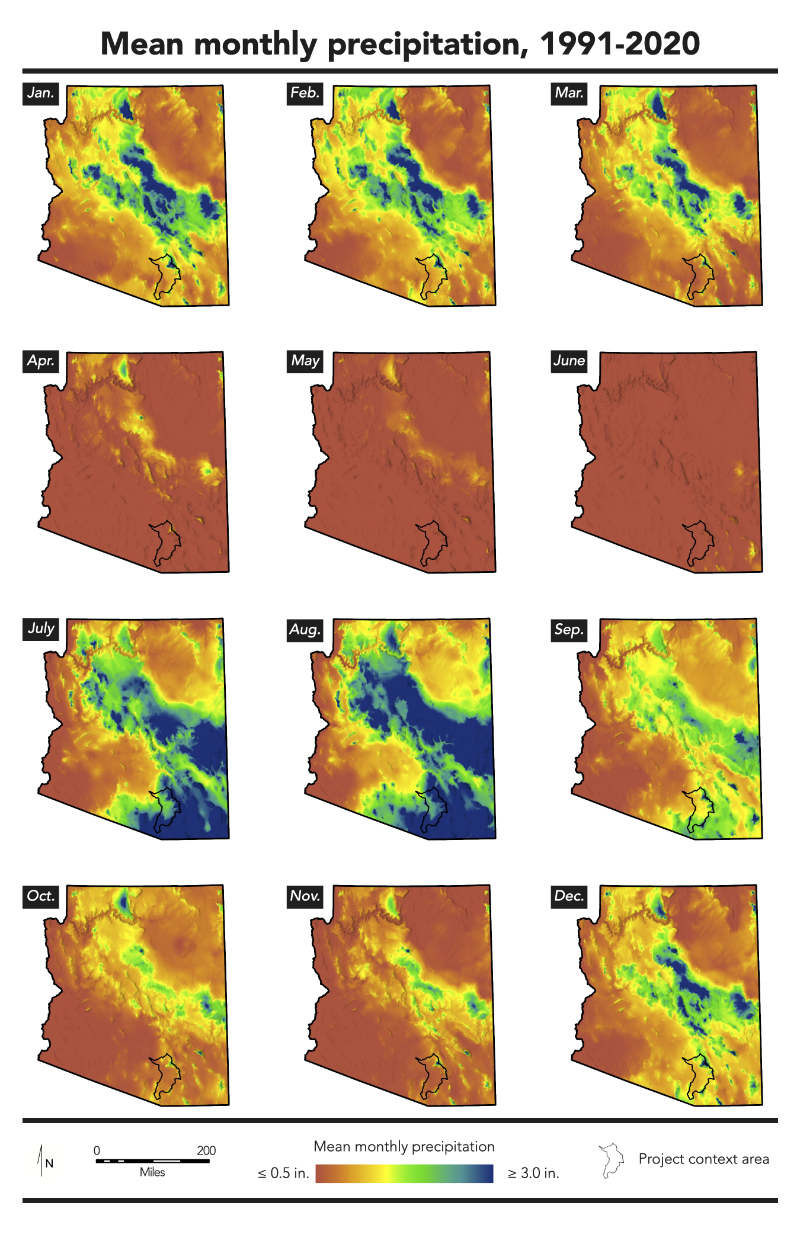 A map series shows monthly precipitation normals for the state of Arizona. Peak precipitation is visible during the winter rainy season and summer monsoon. The especially dry late spring and early summer (April through June) is also obvious.