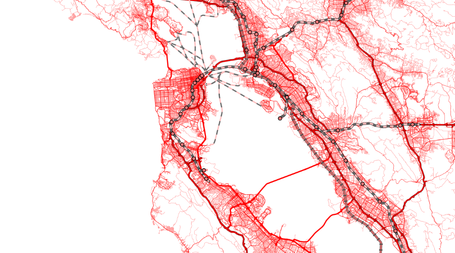 A map shows road networks, ferry routes, and passenger rail lines in the San Francisco bay area.