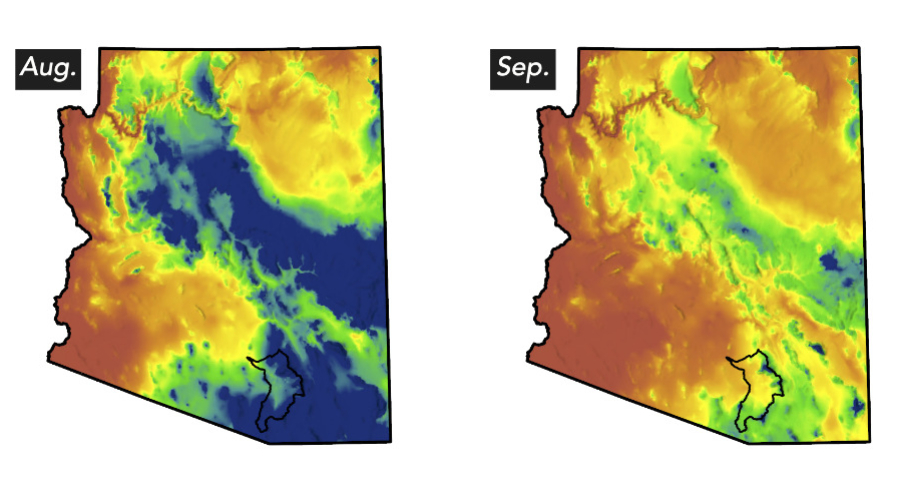 A cropped image from a larger set of maps showing monthly precipitation normals for the state of Arizona. This map shows a statewide drop in precipitation between August and September.